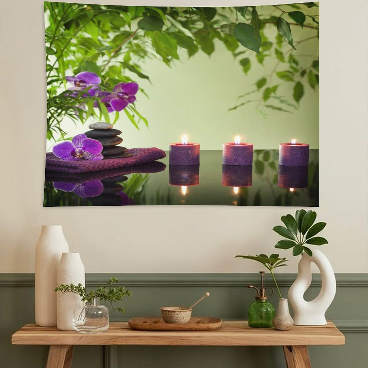 Spa Tapestry Wall Hanging Stones Aromatic Candles and Orchids Blooms Treatment Vacation Tapestries Home Decor for Living Room Bedroom Farmhouse Kitchen Dorm 60"x90" (60"L x 90"W / Zen-12)