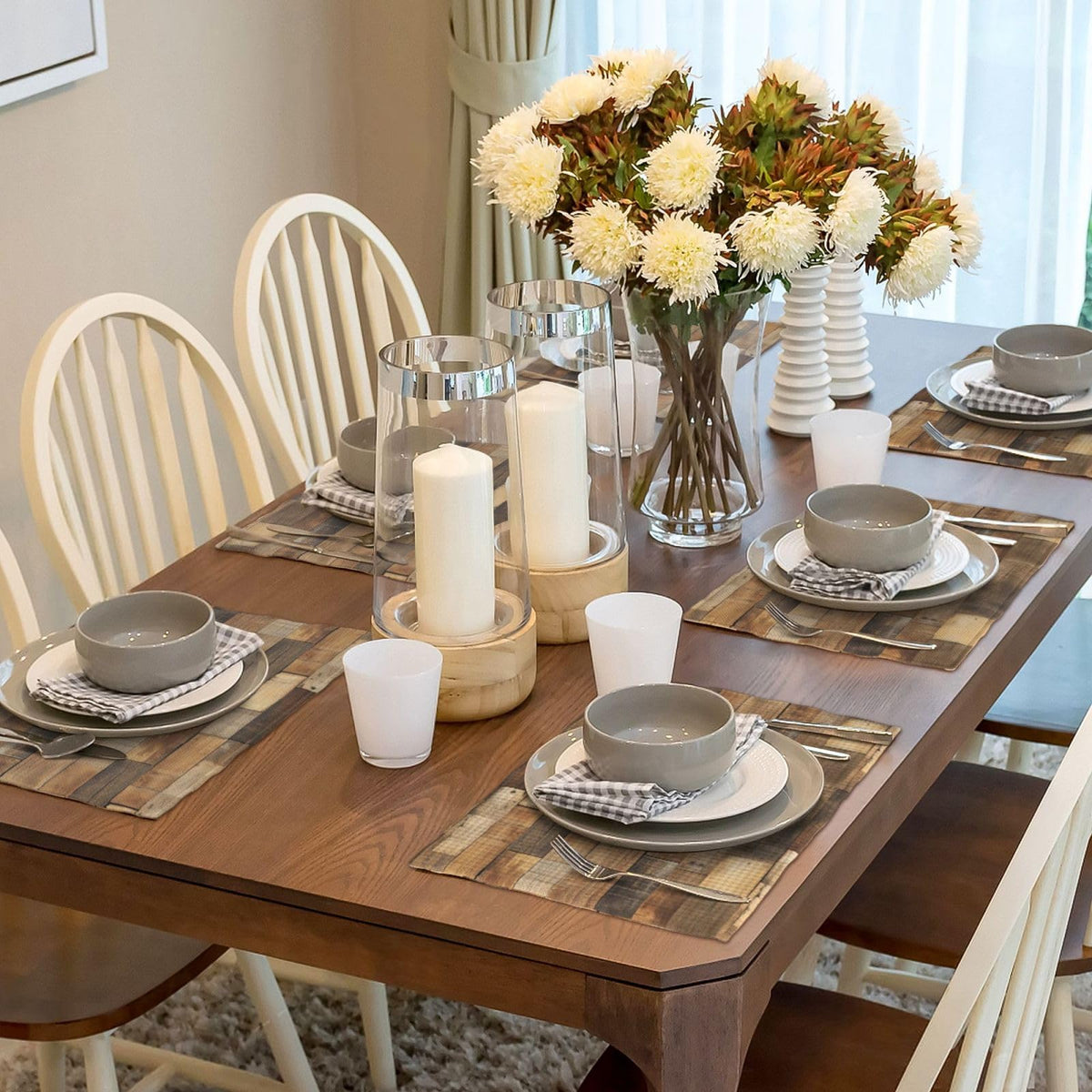 Brown Wood Placemats Set of 6 Linen Washable 12x18 Inch (Brown Beige / 6PCS)