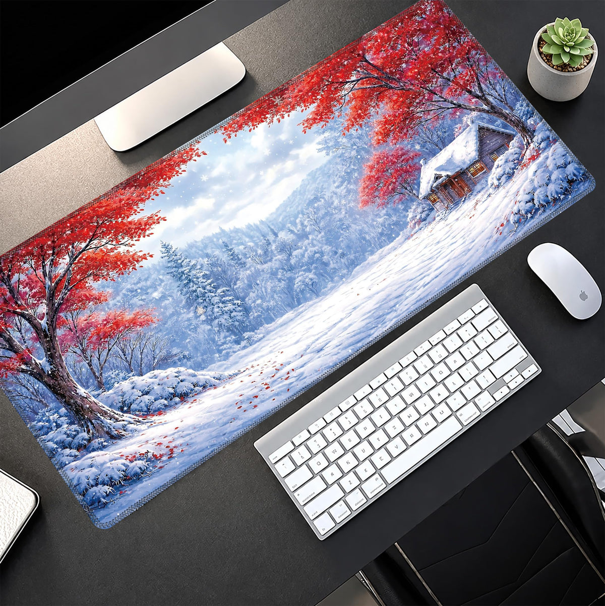 Snowy Forest Large Gaming Mouse Pad Desk Mat Extended Mousepad (Red maple snow scene / 35.4L x 15.7W inches)