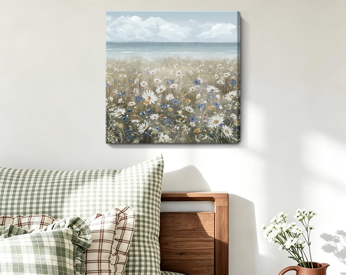 Canvas Wall Art 13x13 Beach Floral Coastal Boho Daisy Wildflowers (Coastal Flower Sea Art / 13"L x 13"W)