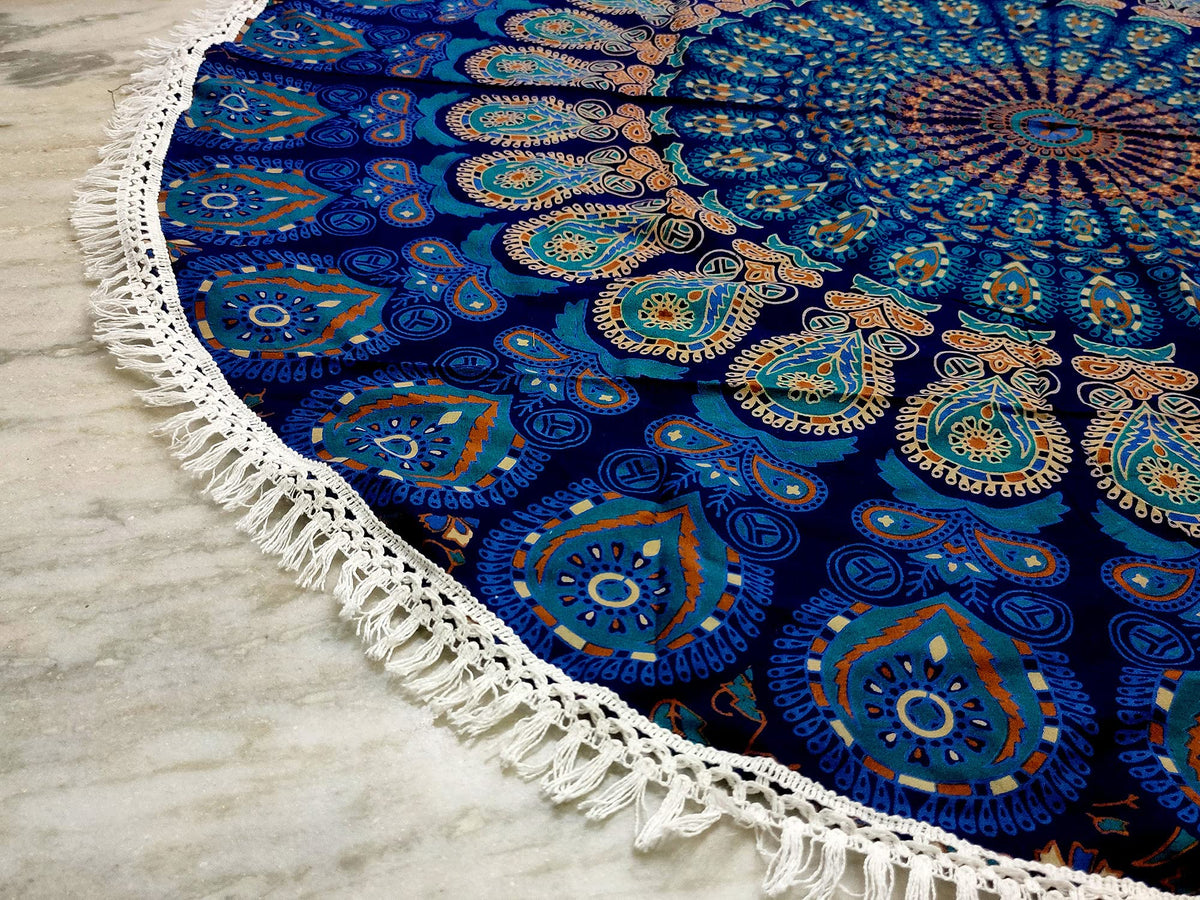 Round Beach Tapestry Turquoise Mandala Throw (3'6" (Round) / Blue)