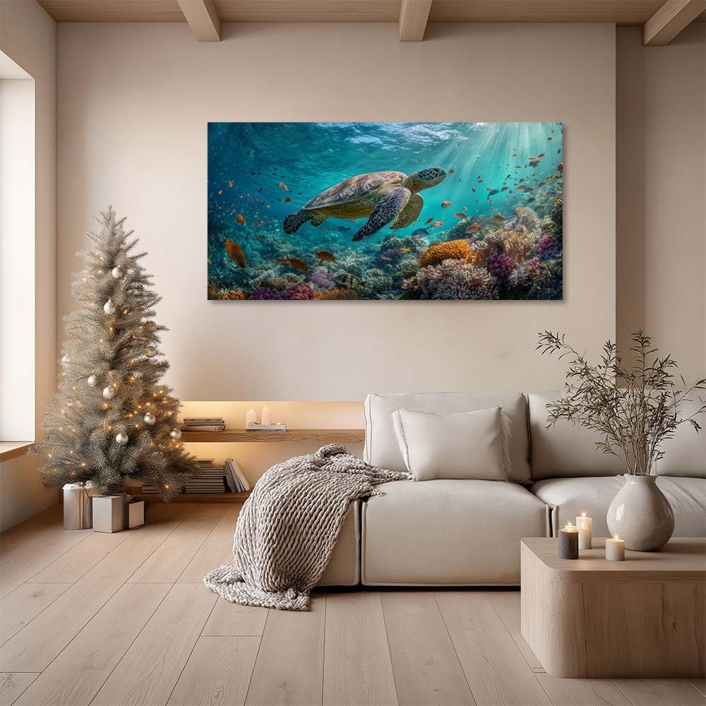 Green Tropical Sea Turtle Wall Art for Living Room Canvas Painting Prints (Coastal / Orange Sea Turtle 104 / 46"L x 23"W)