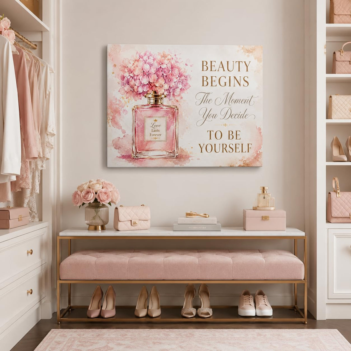 Self Love Quote Framed Wall Art Canvas Pink Floral Home Decor 16x24 Inches (Blush Perfume Bottle / 24"L x 16"W)