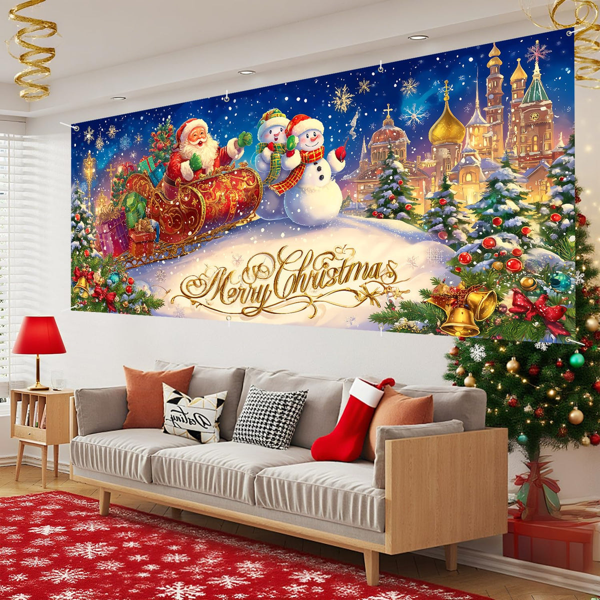Santa Sleigh Merry Christmas Garage Door Banner (64 / 6 x 13 ft)