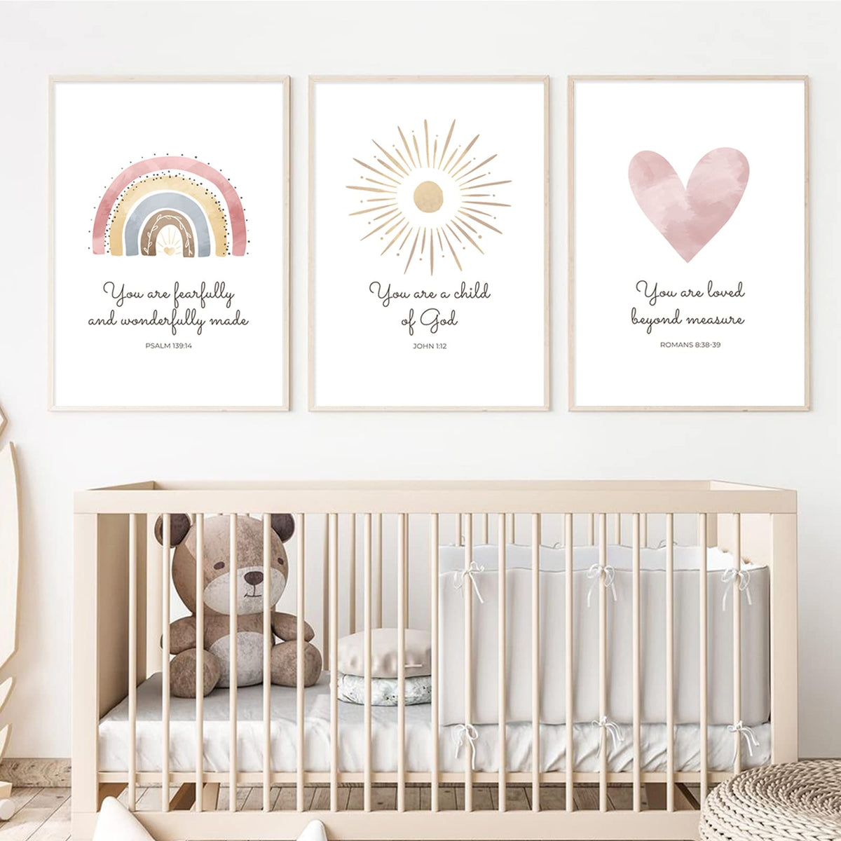Boho Nursery Wall Art 3 Pieces Bible Verse Nursery Art Christian Girls Nursery Wall Art Heart Rainbow Sun Nursery Art Print Boho Sunshine Decor for Girl Baby Kid Room Decor 12x16 Inch Unframed (Boho Nursery Prints / 12x16 Inch Unframed)