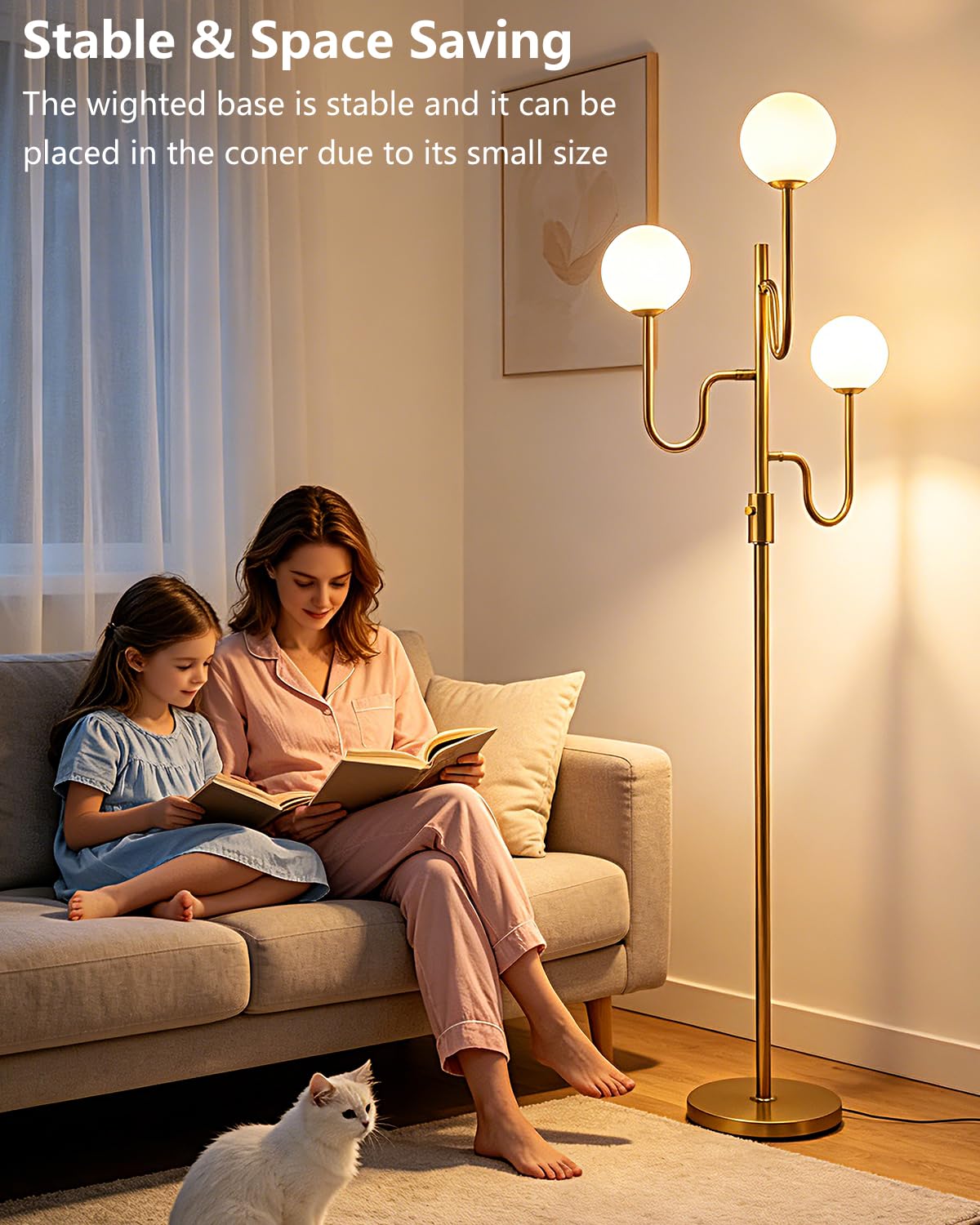 68IN Globe Gold Floor Lamp Dimmable Floor Lamps with 3000K Soft Warm White for Wedding (3 Globe-Gold Arm)