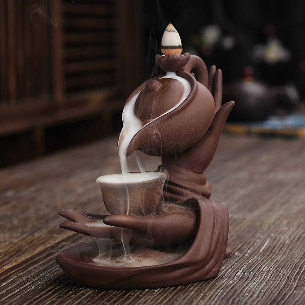 Buddha Hand Series Backflow Incense Burner Indoor Smoke Waterfall Incense Holder Creative Teapot Shaped Ceramic Incense Burner (Large Teapot)