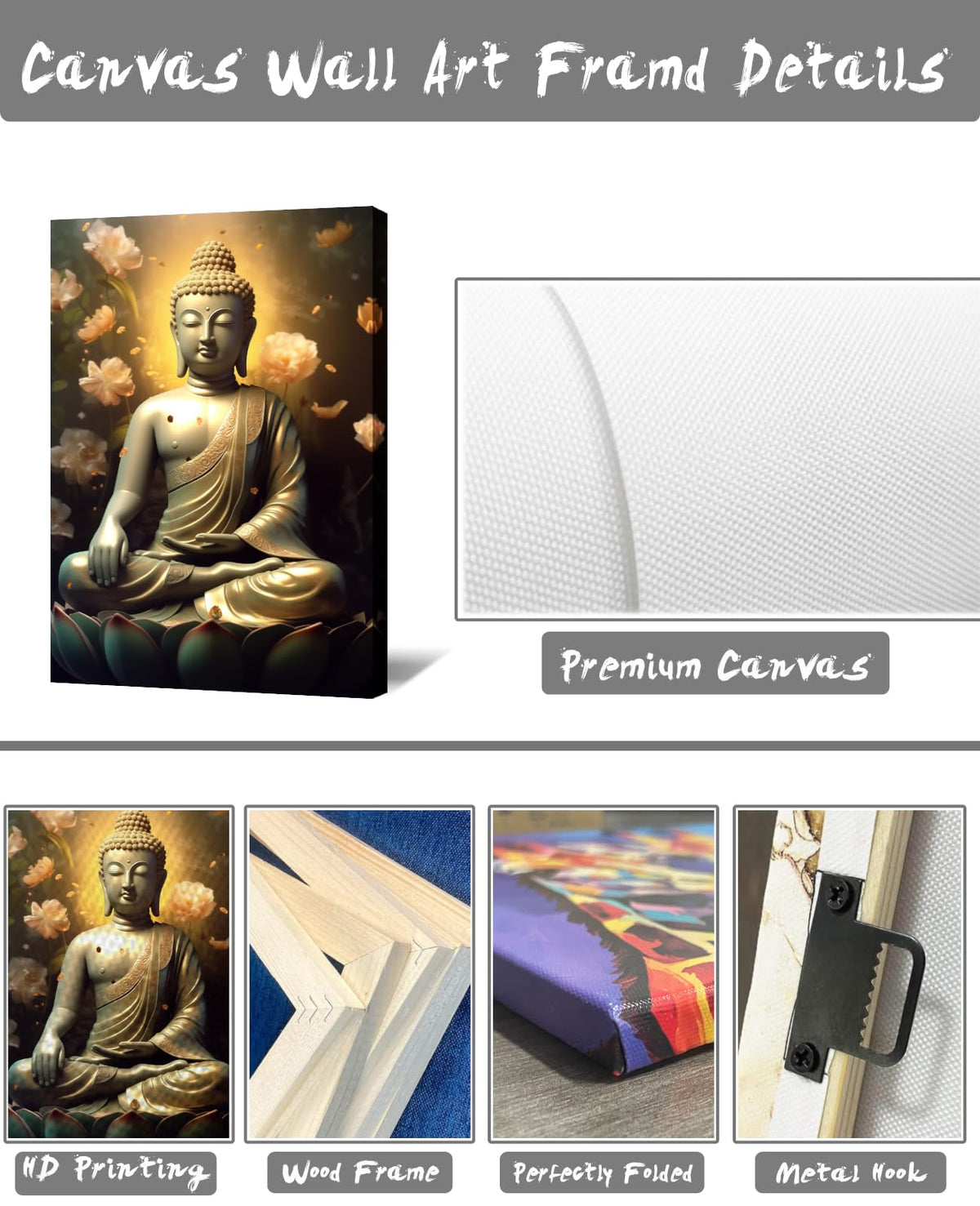 Zen Canvas Wall Art Buddha with Peony Picture Flower Poster Meditation Spiritual Artwork for Yoga Spa Room Bathroom Office Home Decor Framed (30"L x 20"W / Buddha-3)