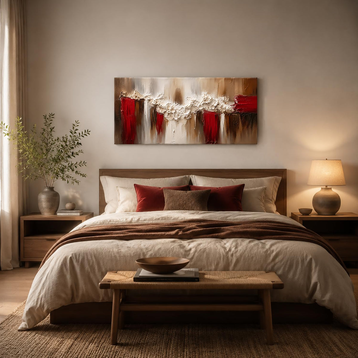 Vintage Neutral Abstract Canvas Wall Art for Living Room Mid Century Modern Painting Picture Minimalist Beige Brown Red Wall Decor (40"L x 20"W / Red Neutral)