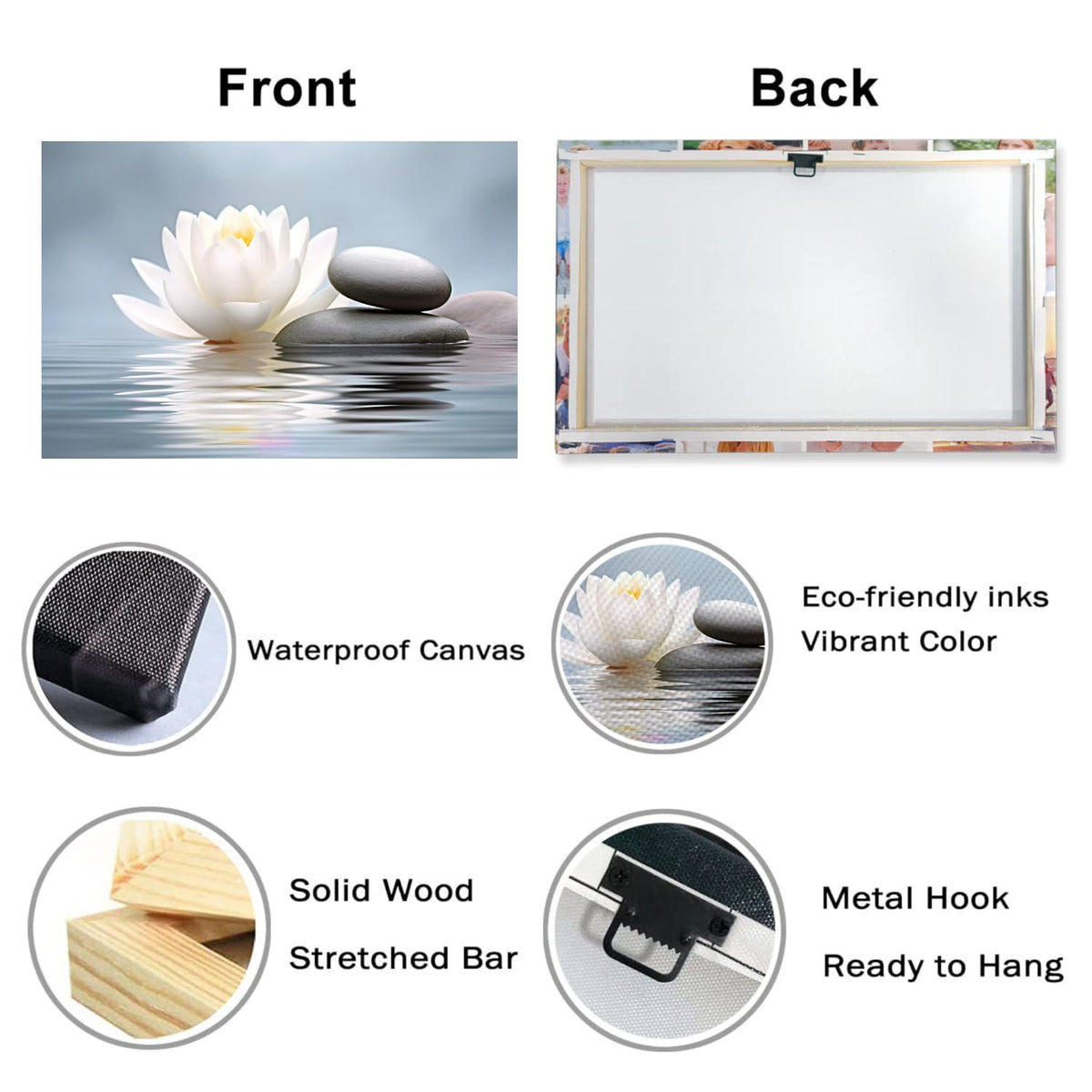 Zen Wall Art White Lotus Canvas Print Wall Decor Spa Massage Stones Picture Relax Calm Modern Meditation Painting Artwork for Yoga Spiritual Room Office Home Decor Framed (30"L x 20"W / Q - Blue)
