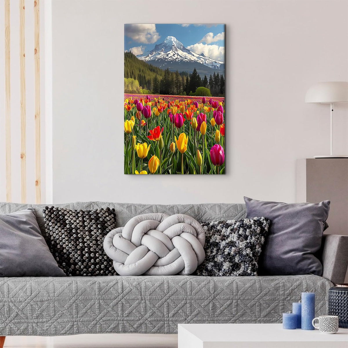Yellow Tulips Flower Wall Art Mountain Landscape Wall Decor Colorful Flowers Field Canvas Prints Nature Forest Pictures Mt Hood Mountains Scenic Artwork for Office Bedroom Home Decoration 16x24" (24"L x 16"W / YellowTulips)