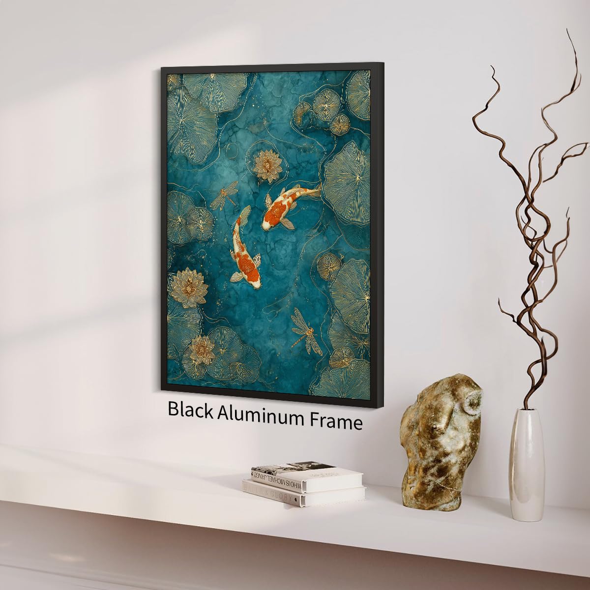 Japanese Koi Fish Zen Black Framed Canvas Wall Art Traditional Oriental Asian Prints 12x18 inch Elegant Emerald Green Pond Koi Fish Posters for Office Home Bedroom Meditation Yoga Spa Room Decor (Black Framed / Japanese Posters / 18"L x 12"W)
