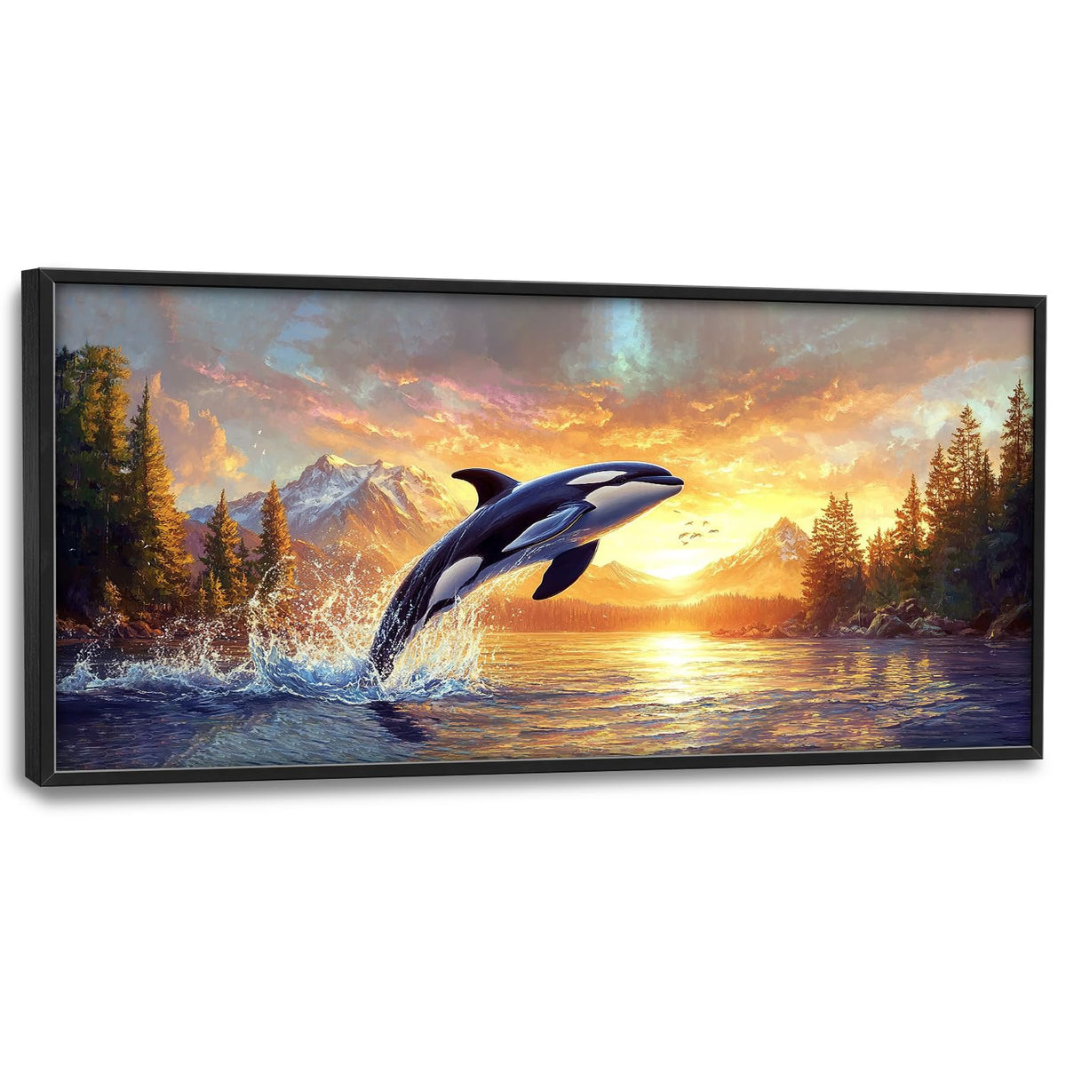 Extra Large Orca Whale Sunset Framed Wall Art for Living Room (60"L x 30"W / Orca)