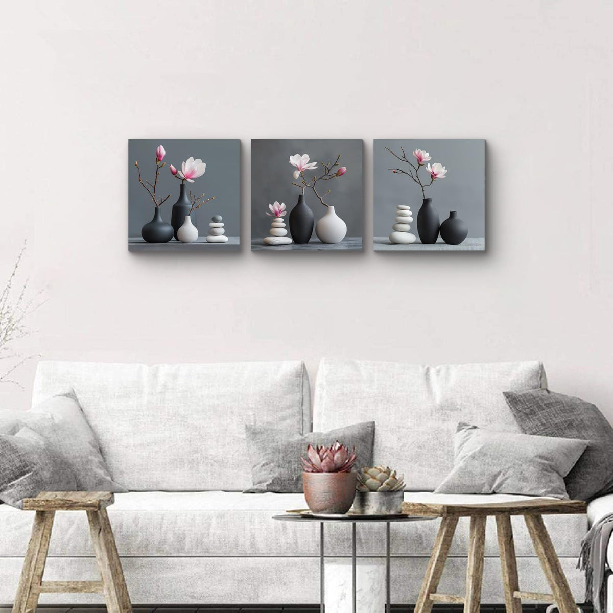 3Pcs Minimalist Zen Magnolia Still Life Canvas Wall Art Print Pink White Magnolia Flowers in Dark Gray Vases Zen Stone for Bedroom Living Room Bathroom Mindfulness Spa Artwork Decor (Zen Magnolia / 12x12inchx3)
