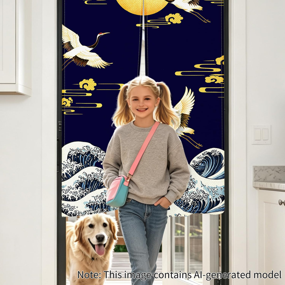 Japanese Noren Doorway Curtain (Navy Crane Moon Wave)