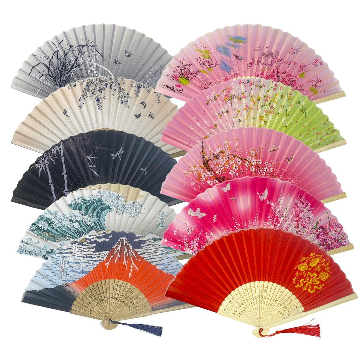10pcs Japanese Fan Hand Portable Fan Handheld Chinses Fan Bamboo Fans Retro Fan Home Dancing Party Wedding Silk Bamboo (Multicoloured-10)