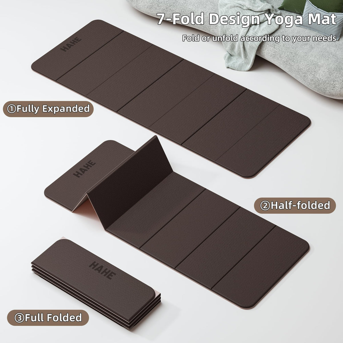 7 Fold Design Extra Thick Yoga Mat 72"L x 24"W x 0.47" (Brown & Beige)