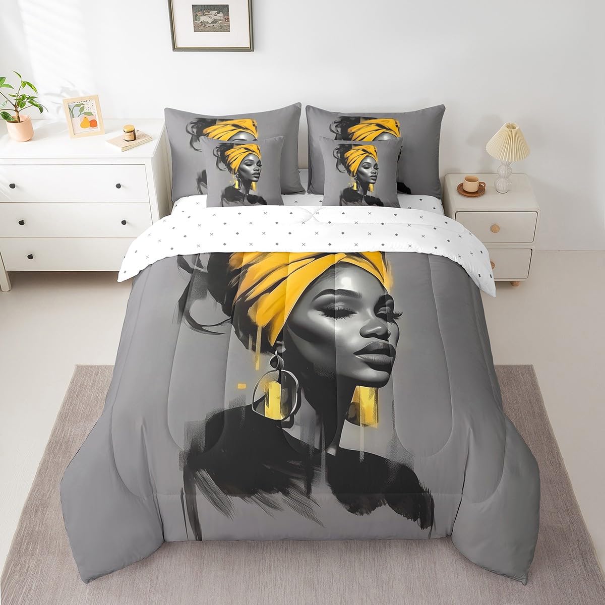 Black Women Comforter Set Full Size 7 Piece (Grey and Yellow / Full)