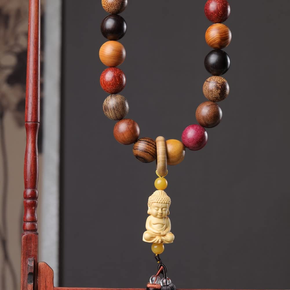 Unisex Natural Colorful Wood Buddhist Prayer Beads Bracelet Necklace Tibetan Mala Prayer Beads (20mm 19beads)