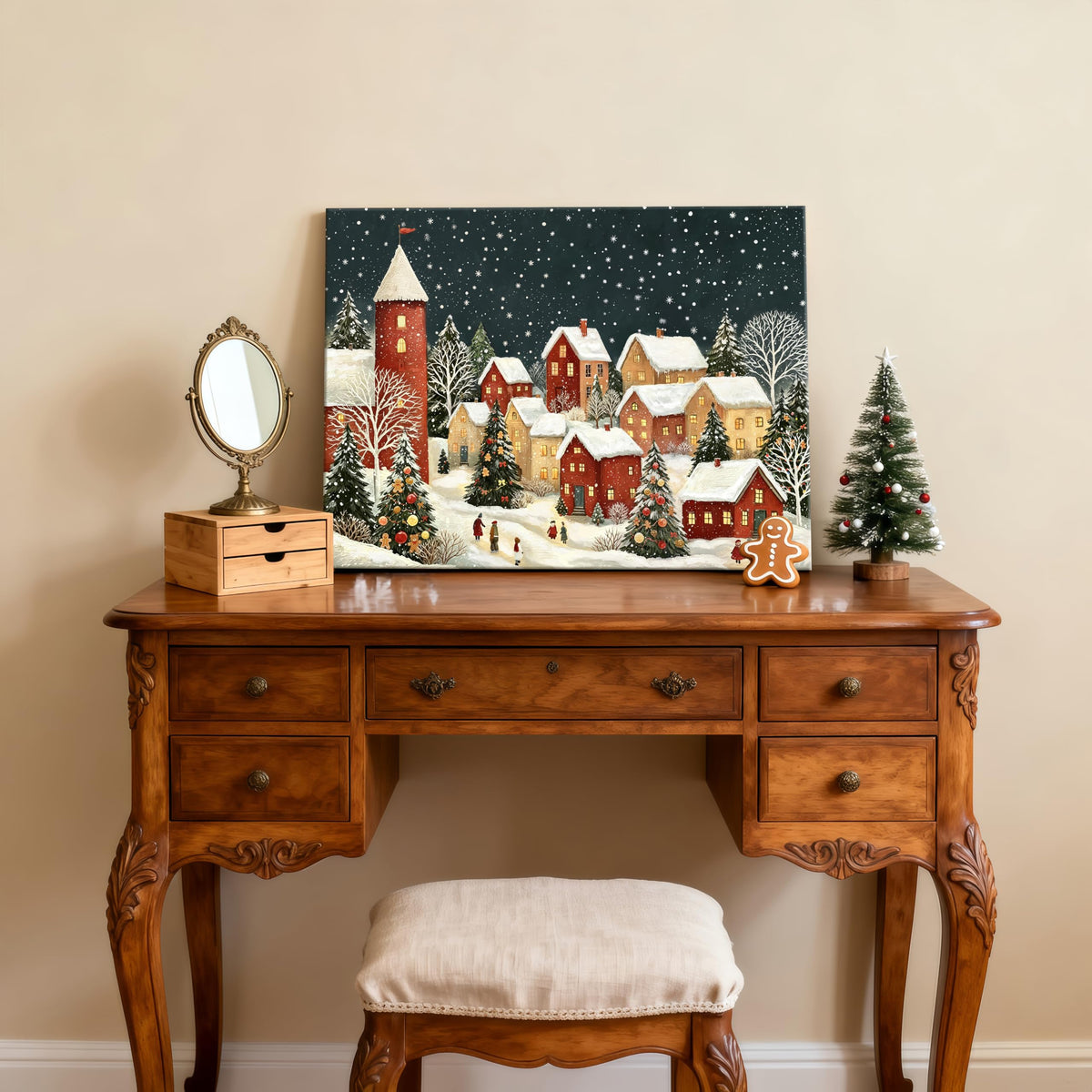 Vintage Christmas Winter Village Canvas Wall Art 16"x24" (Red Snow Town / 24"L x 16"W)
