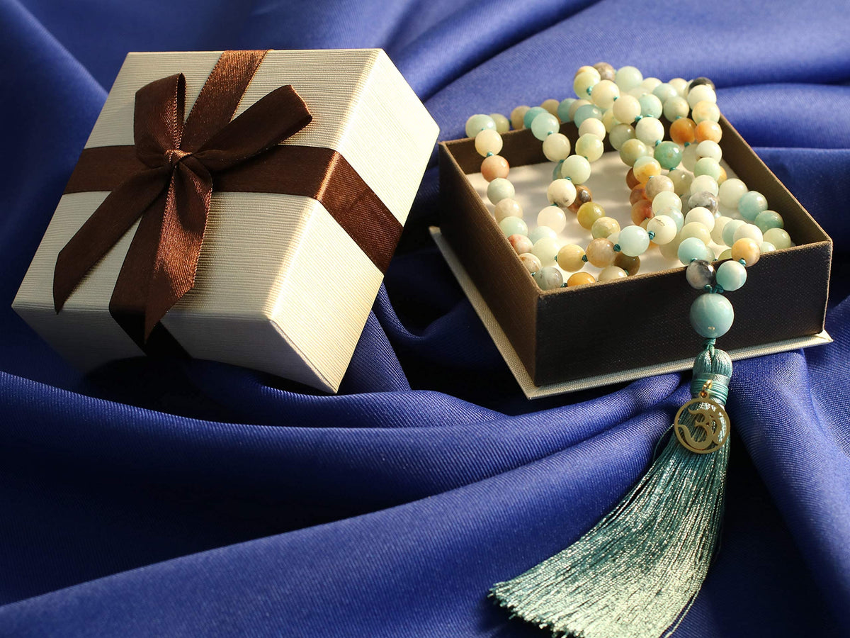 OM Charm Hand Knotted Tassel 108 Mala Beads Amazonite Stone Beaded Necklace 8mm (8mm / Faceted Amazonite)