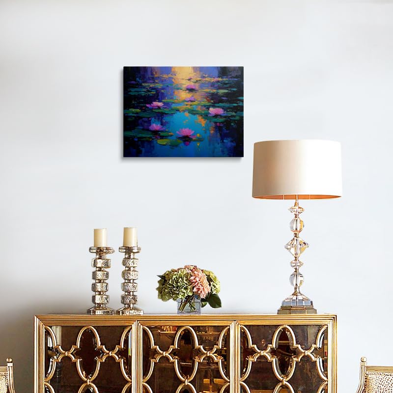 Calming Water Lilies Canvas Wall Art Framed Impressionist Painting Pink Blooms on Serene Pond Textured Brushstrokes Blue Turquoise Reflection Zen Wall Decor Artwork Poster 16x24 Inches (Water lilies / 24"L x 16"W)