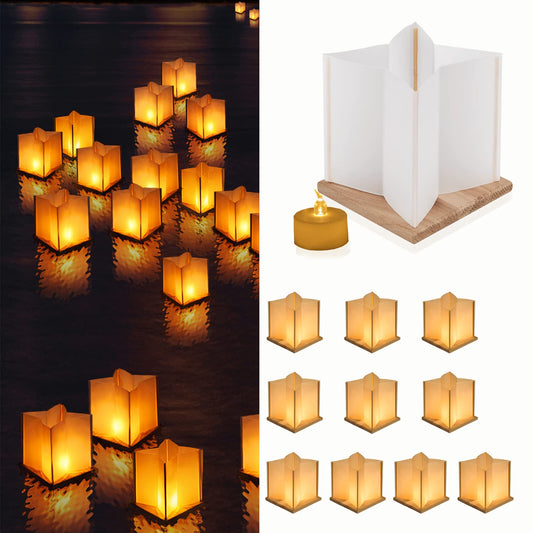 10 Pack 6" Star Shaped Floating Lanterns with Waterproof Wooden Base Sets