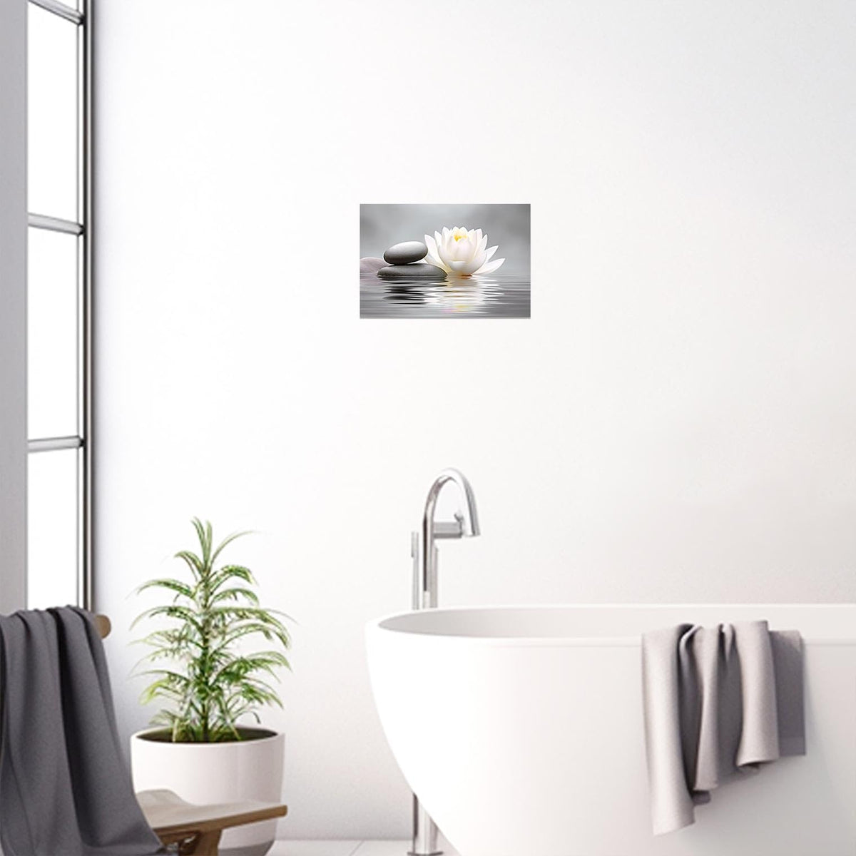 Zen Bathroom Wall Art Black and White Grey Spa Painting Lotus Flower Pictures Stone Floral Canvas Prints Meditation Yoga Room Office Decor Framed (White / 24L" x 36W")