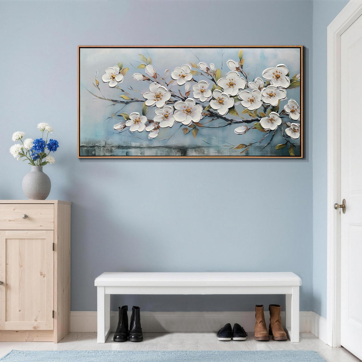 Framed Large Textured Canvas Wall Art for Living Room (White Flowers / Wood Framed / 58.1"L x 29.1"W)