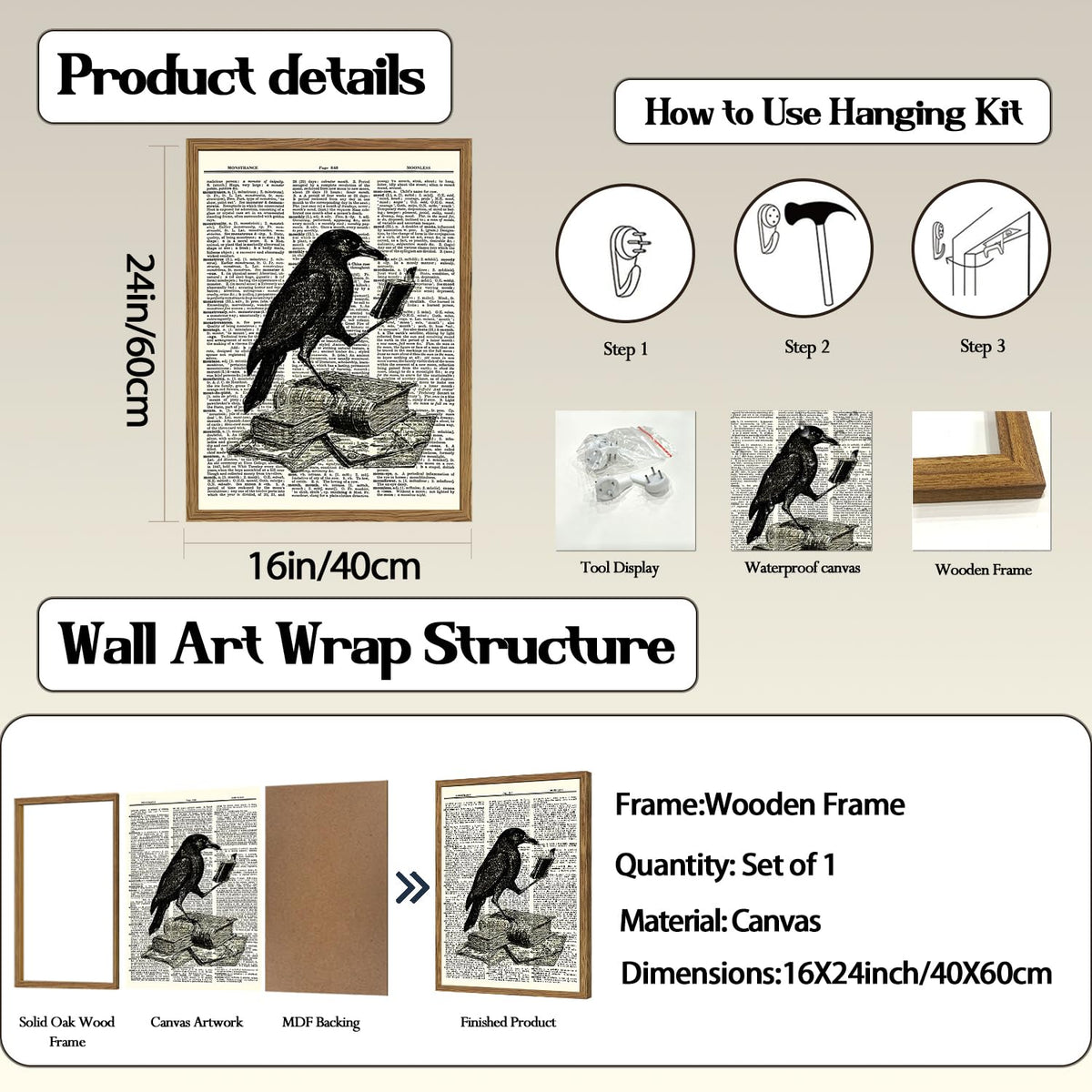 Funny Black Crow Reading Books Wall Art Vintage Raven Wall Decor Picture Dark Academia Animal Poster Canvas Print for Bedroom Living Room 16x24 inch Wood Framed (Animal -P / 24"L x 16"W)