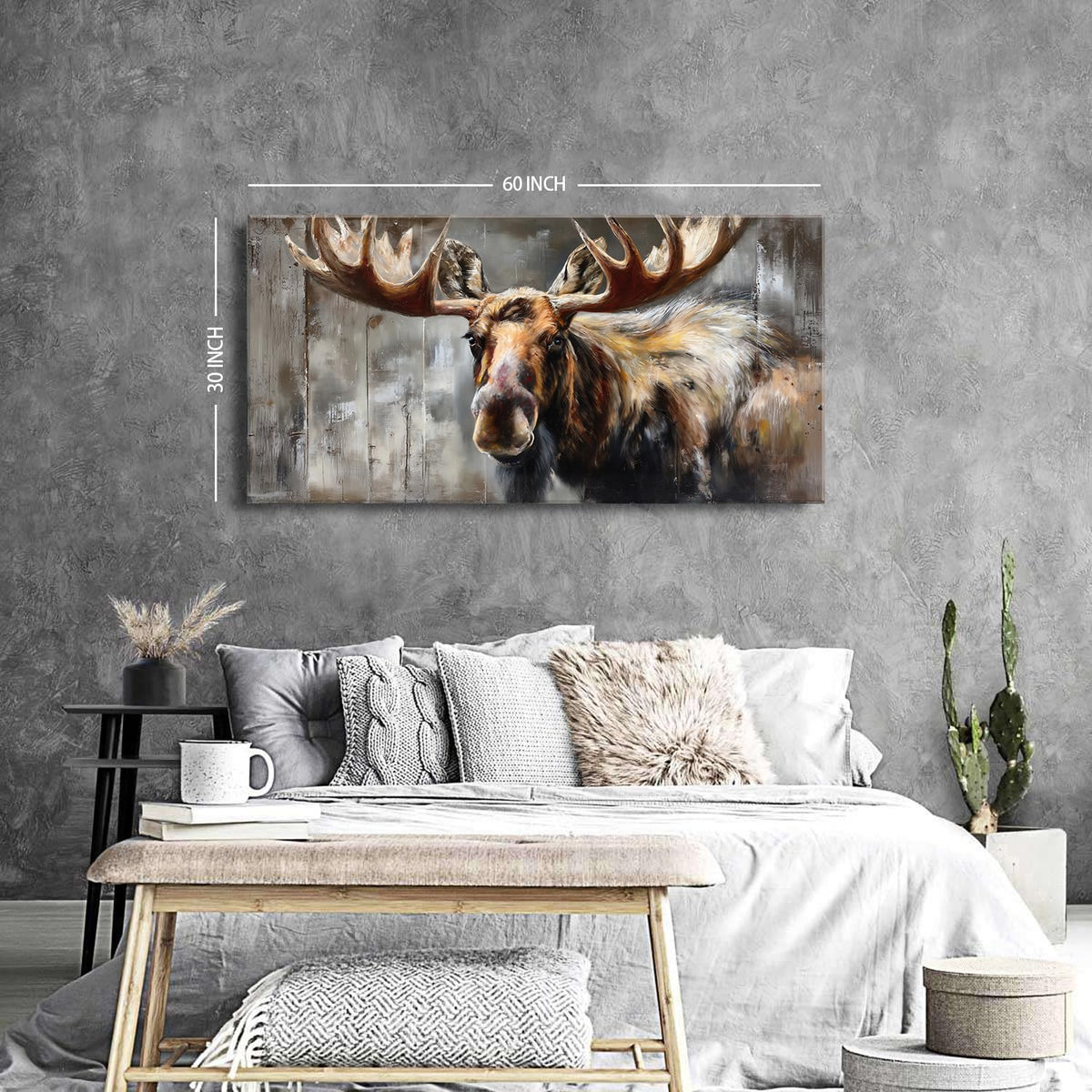Rustic Deer Wall Art Lodge Wall Decor Elk Portrait Canvas Prints Farmhouse Wilderness Animal Photo Painting Wood Grain Background Poster Picture for Boys Bedroom Living Room Modern Decorations 30x60" (57.8"L x 30"W / Deer)