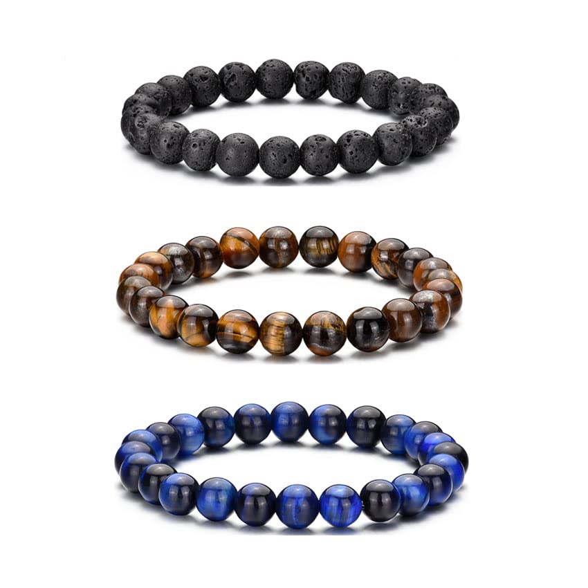 Tiger Eye Bracelet For Men 8MM Natural Stone Beads Bracelet Set Stretch Lava Rock Bracelets Adjustable Black Crystal Beaded Bracelet for Men Women Gifts (3,lava rock,tiger eye,blue)