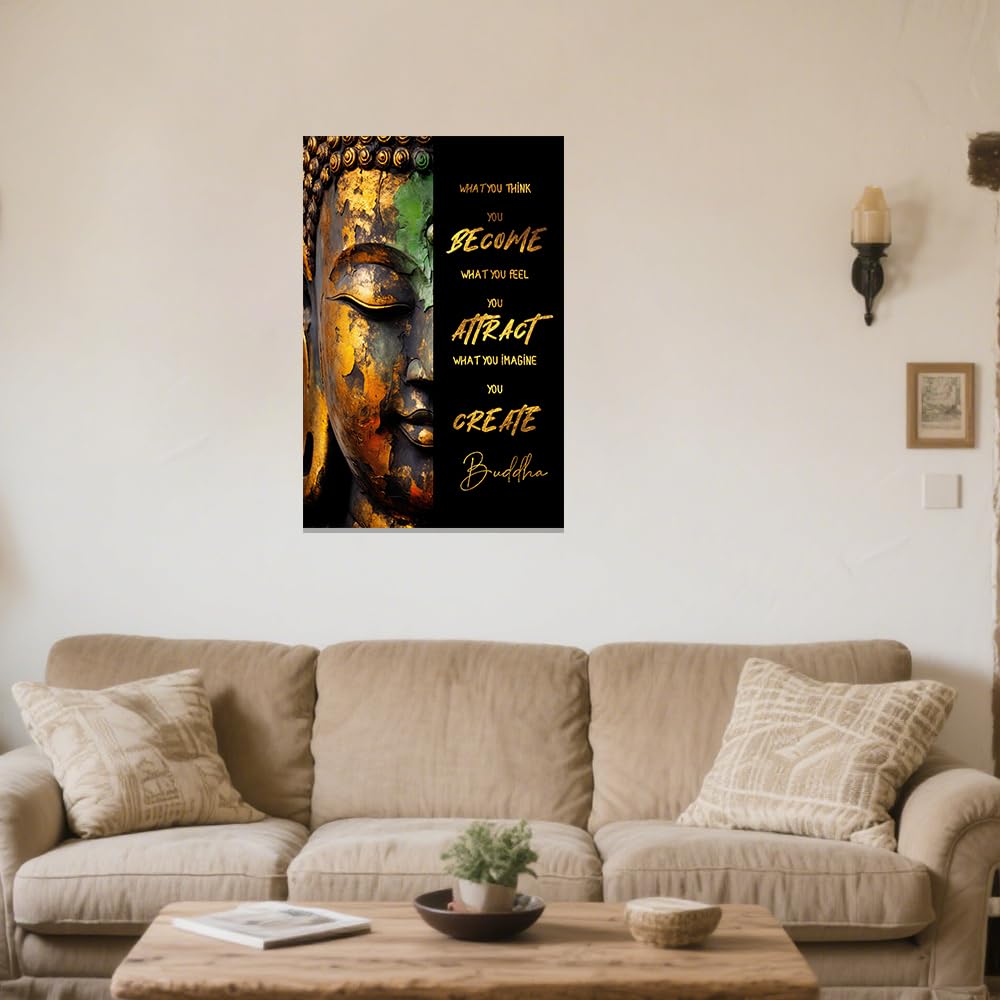 Buddhist Motivational Wall Art Buddha Quotes Canvas Pictures Zen Bathroom Painting Spa Artwork Prints for Yoga Room Office Decor Framed (Gold / 16" x 24")