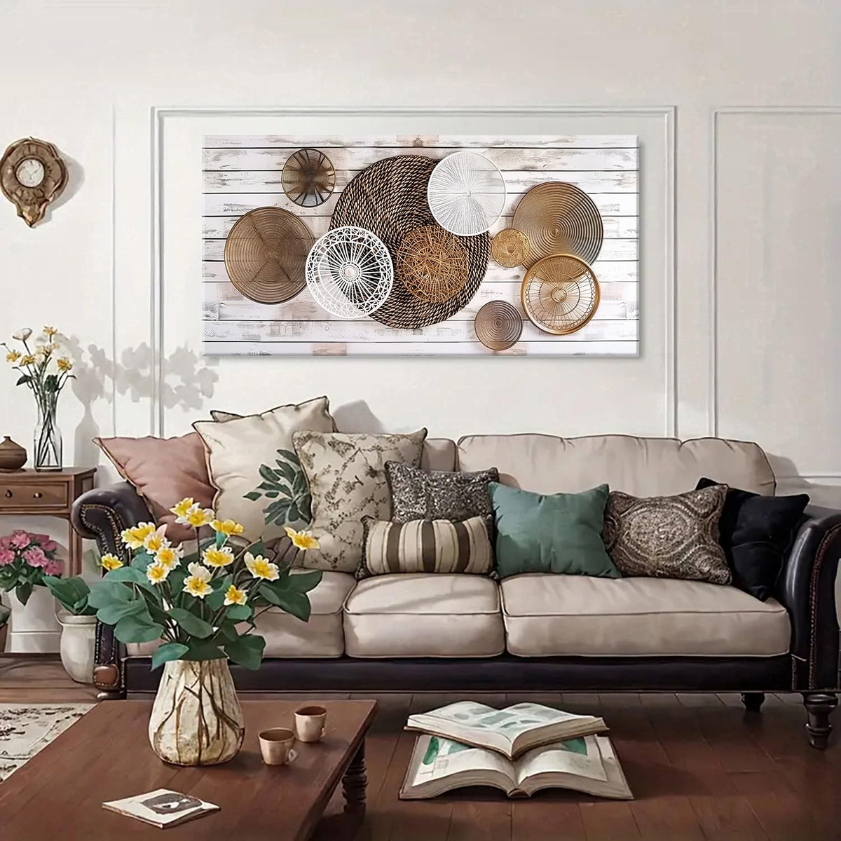 Boho Abstract Canvas Wall Art for Kitchen Picture for Dining Room Rustic Neutral Geometric Basket Painting Wall Decor Farmhouse Prints Minimalist Poster Artwork Home Bedroom Decorations 24x48” (48"x24"x1 / ABSTRACT02)