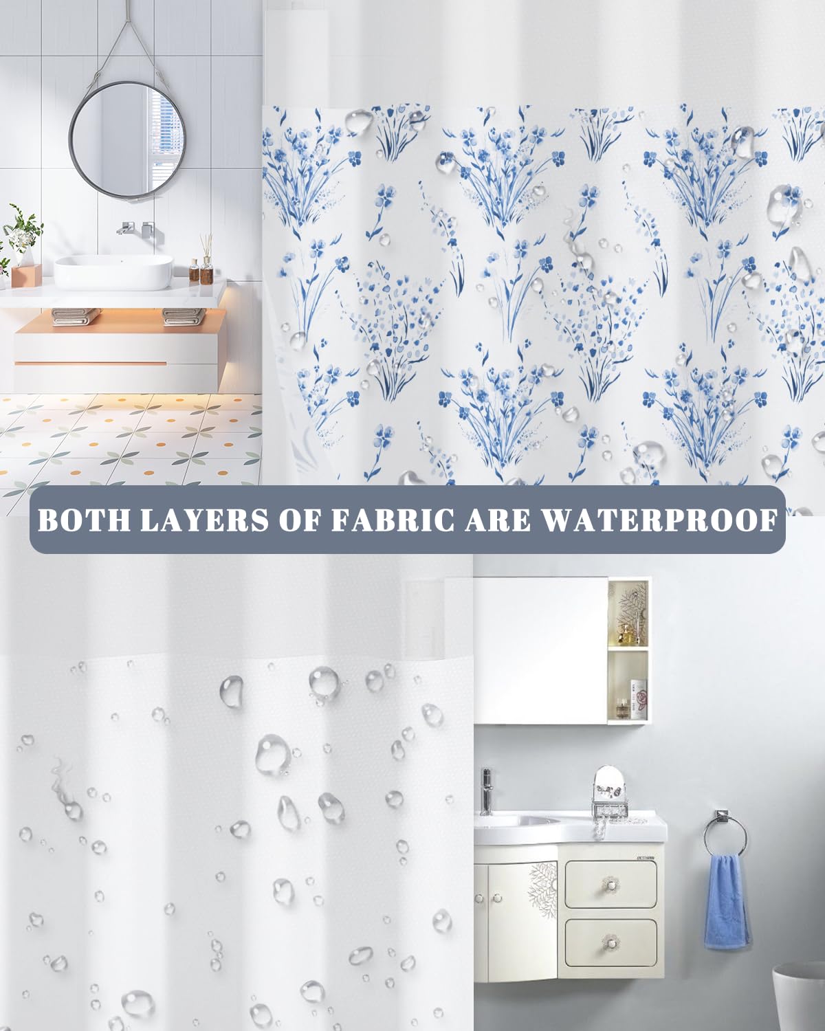 Watercolor Blue Floral Shower Curtain with Snap in Liner Set (Blue Floral)