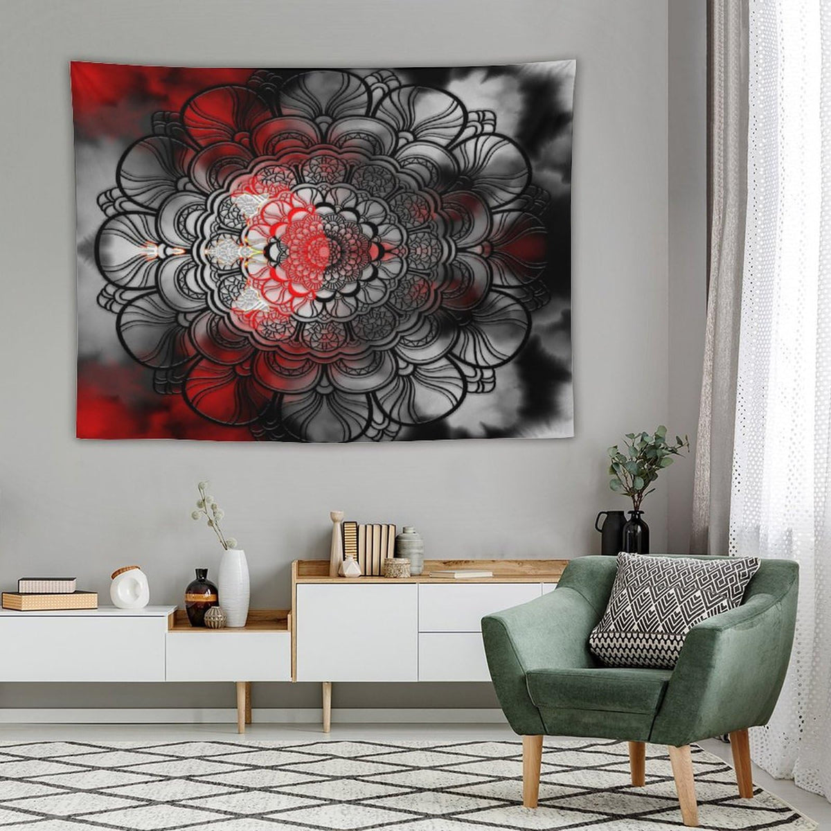Black And Red Mandala Tapestry Wall Hanging Abstract Yellow Red Black Boho Floral Modern Tapestries Home Decor for Living Room Bedroom Apartment Farmhouse Dorm 60"x80" (60"L x 80"W / Mandala-15)