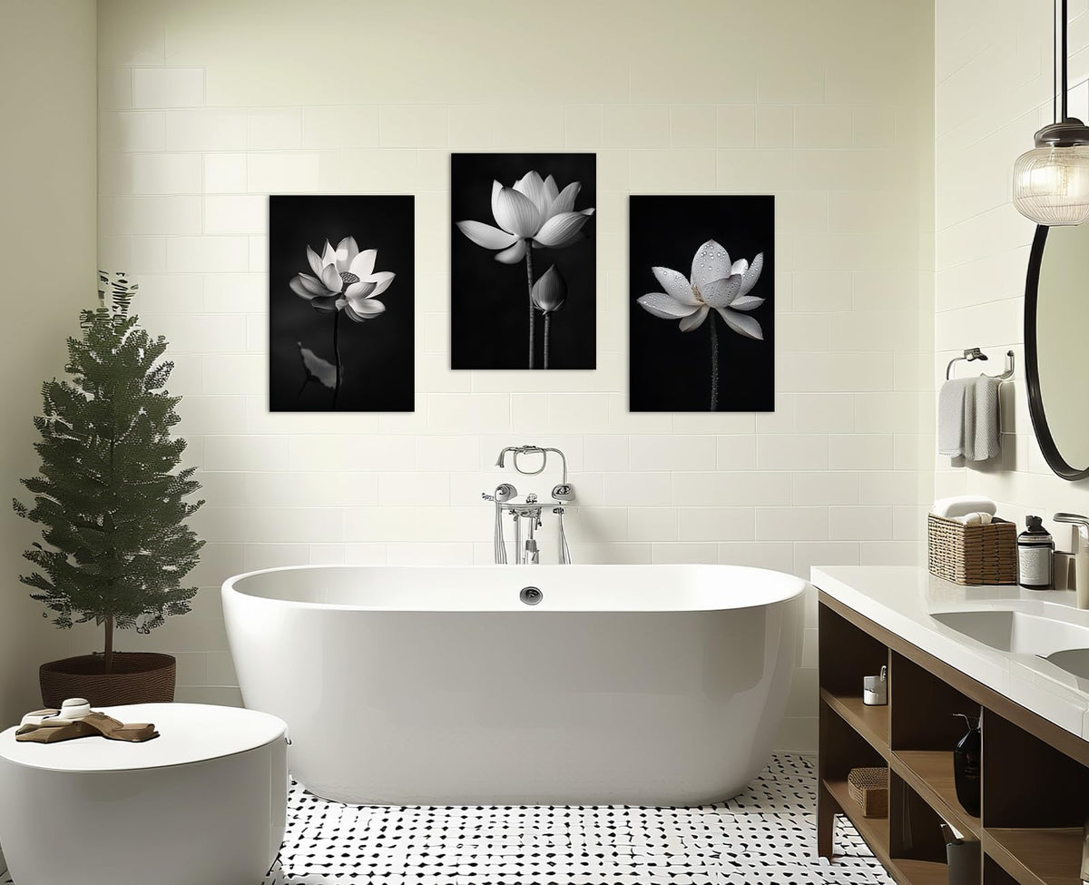 Zen Canvas Wall Art 3Pcs Lotus Picture Black and White Painting Meditation Spiritual Prints Zen Artwork for Living Room Bathroom Home Office Wall Decor Framed (Zen-10 / 11.00"x14.00"x3P)