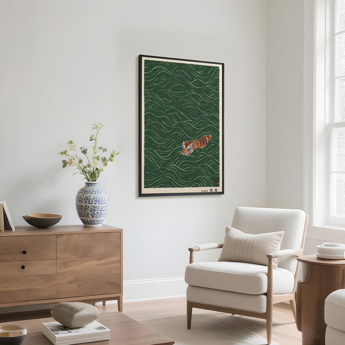 Funny Japanese Tiger Swimming Canvas Print Vintage Ukiyo (24"L x 36"W / style-3 Black Frame)