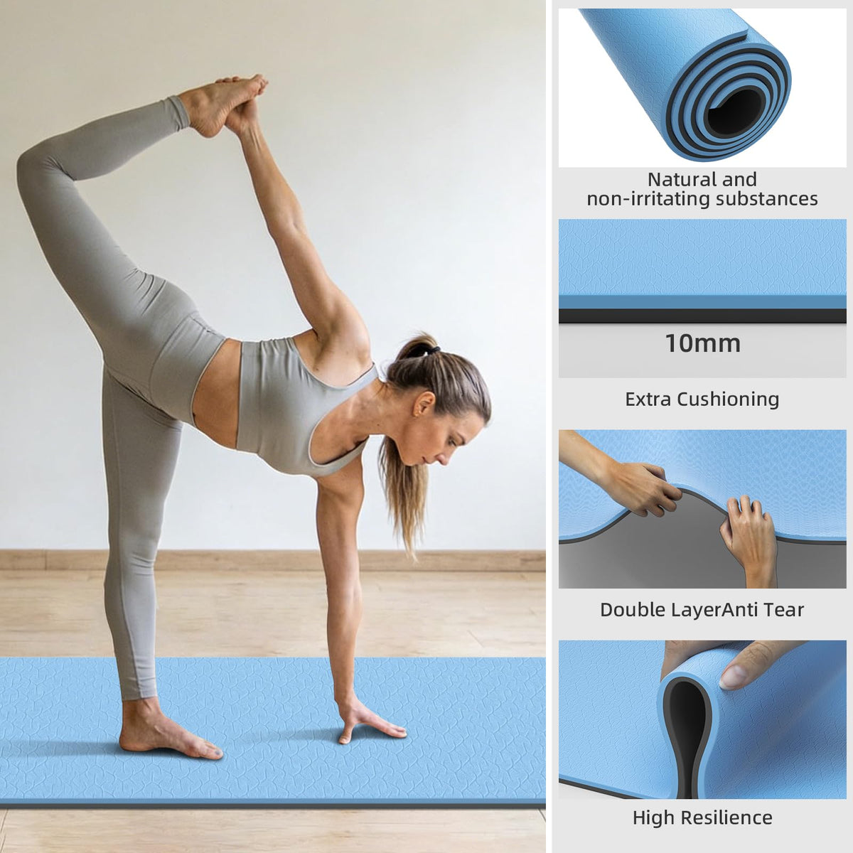 TPE Yoga Mat10mm Thick Wide Exercise Mat for Home Workout Carry Strap (blue)
