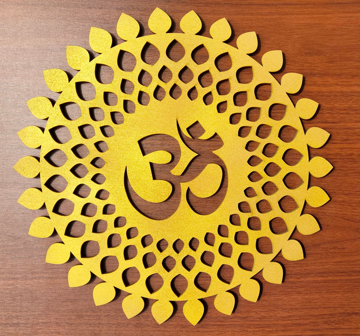 Golden Om Round Decorative Wall Art Mdf Wooden Om Chakra For Temple (MANDALA OM-Gold / 10"L x 10"W)