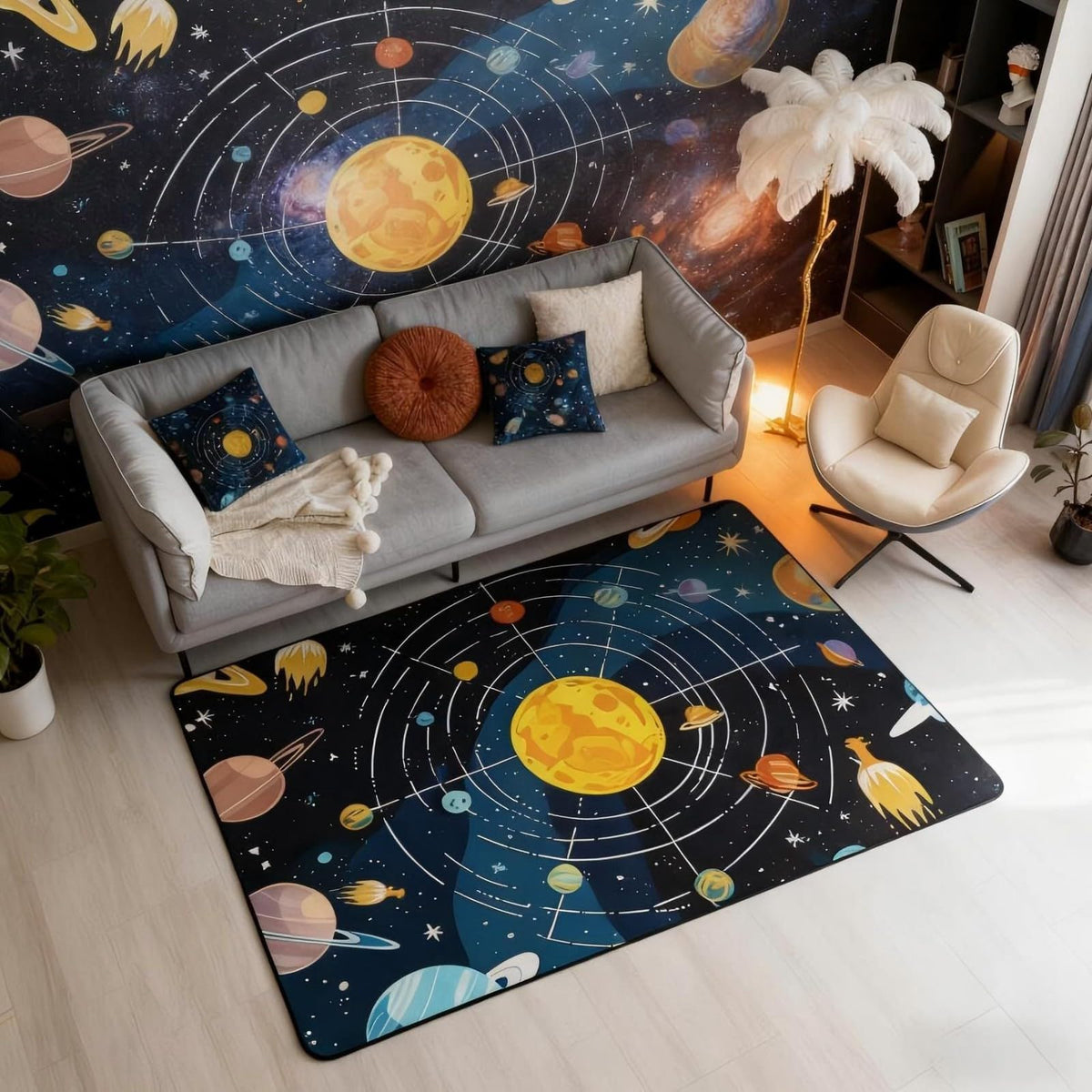 Outer Space 3 x 5 Area Rug Universe Solar System Rugs for Living Room (Orange Black Blue / 3'3" x 4'11" (Rectangular))