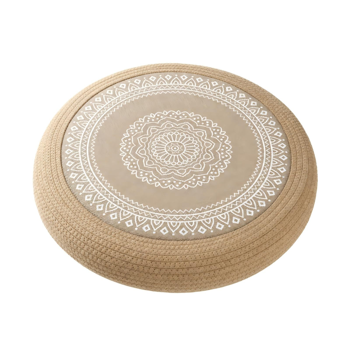 Handwoven Jute Pouf Ottoman (Yellow Brown White / 19.7"D x 19.7"W x 3.9"H)