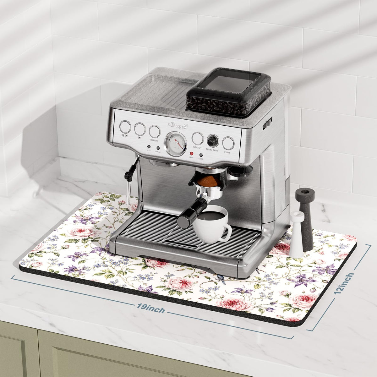 Coffee Mat 12" x 19" Coffee Bar Mats for Espresso Machine Station Accessories and Organizer (Watercolor Pink Rose / 12" x 19")