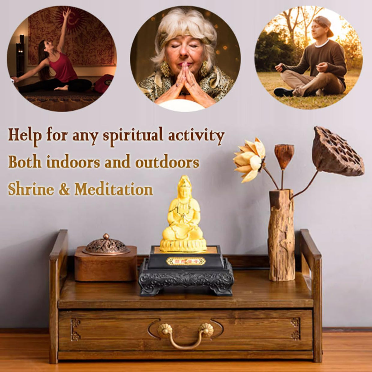 Altar Table with Storage & Drawer Small Meditation Table & Puja Table (Brown-42cm/16.5'')