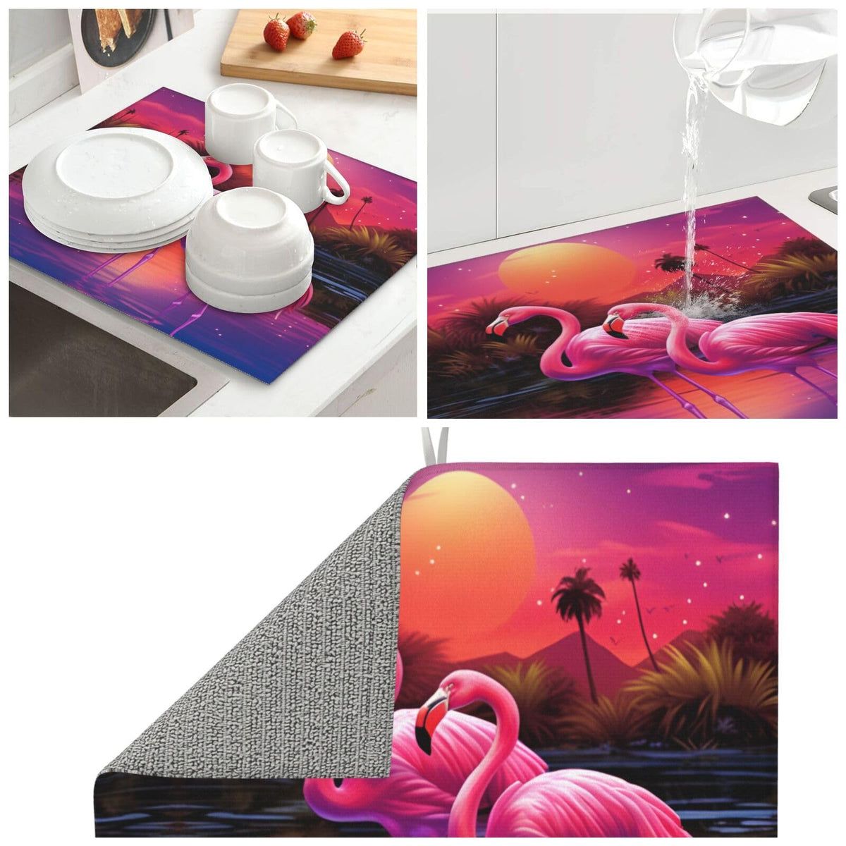 Tropical Plant Pink Flamingo Pair Dish Drying Mat For Kitchen Counter Dry Mats Microfiber Dish Drainer Mat Protector Pad Absorbent Fast Drying Kitchen Must (Tropical Plant Pink Flamingo Pair / 18" x 16")