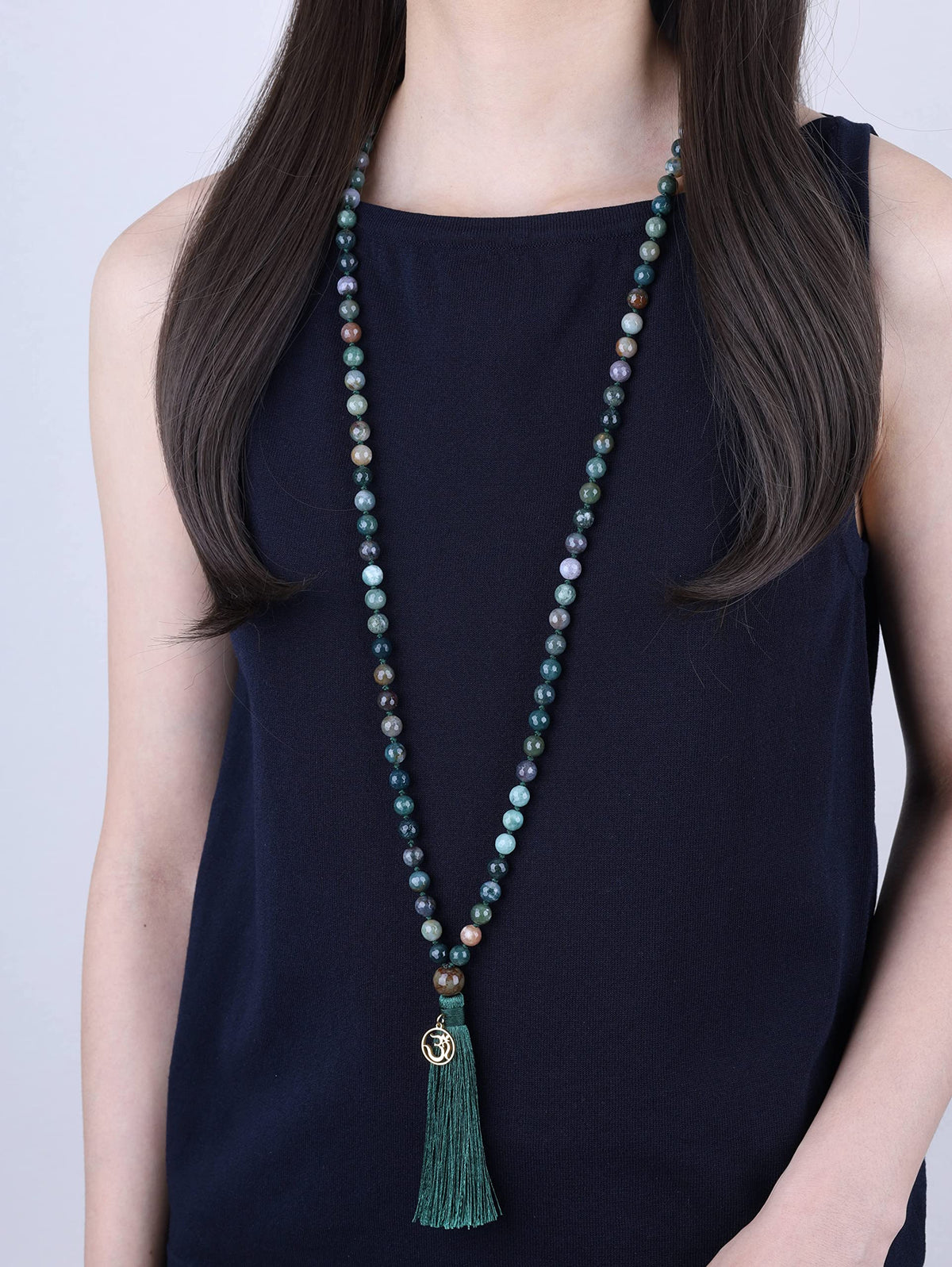 OM Charm Hand Knotted Tassel India Agate 108 Mala Beads Necklace 8mm (8mm / Faceted India Agate)
