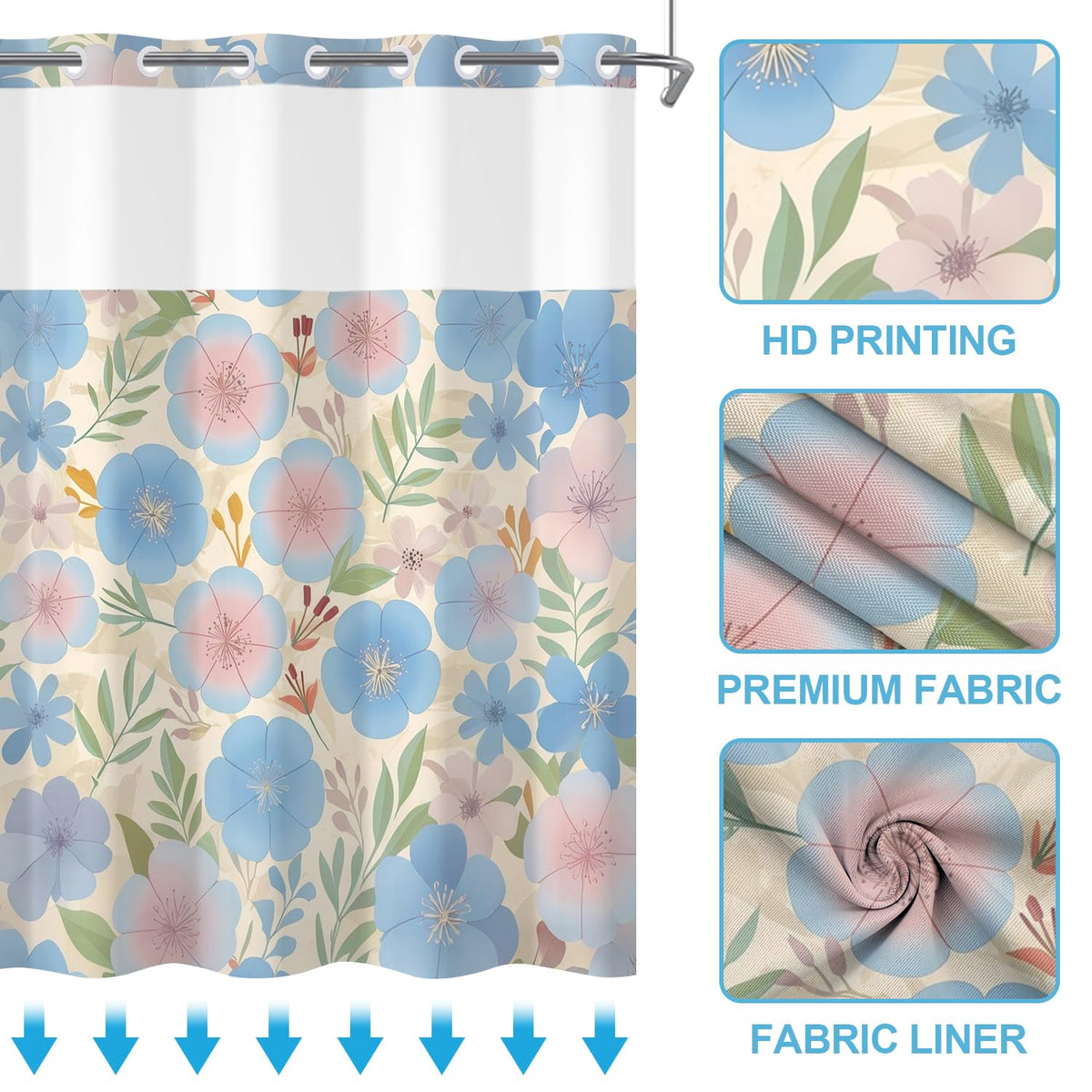 No Hook Shower Curtain and Liner Set (Blue Yellow)