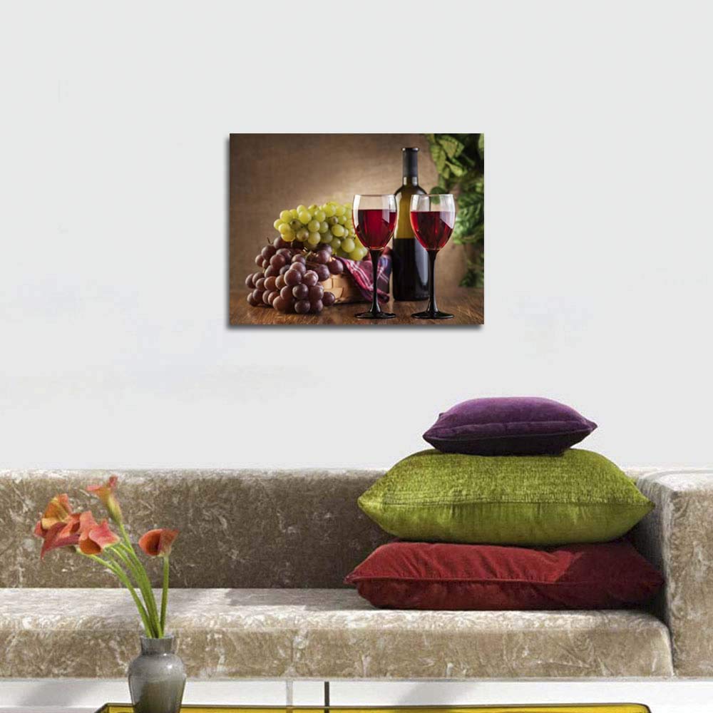 Grape Wine Wall Art Black Red Wine Bottles and Glasses Painting 12"x16" (Grape Wine / 16"L x 12"W)