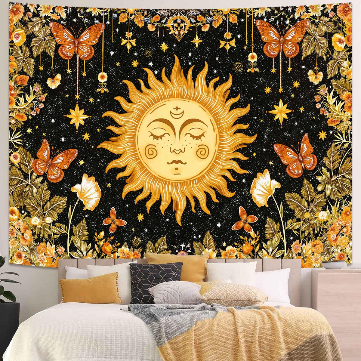 Sun with Face Wall Tapestry (Black Yellow / 90"L x 70"W)