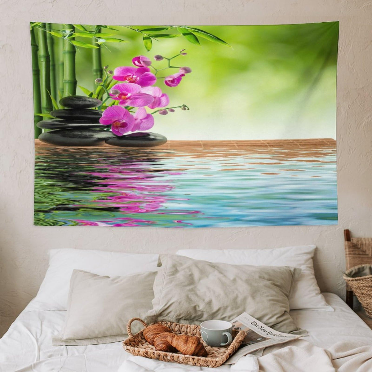 Purple Orchid Spa Tapestry Wall Hanging Bamboo Stone Tapestries Home Decor for Living Room Bedroom Farmhouse Kitchen Dorm 40"x60" (40"L x 60"W / Zen-8)